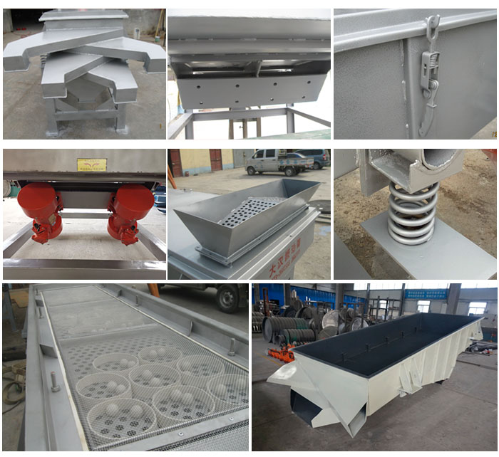 多層直線振動篩由進料口,底座,振動電機,篩網,篩框,彈簧,出料口等組成。