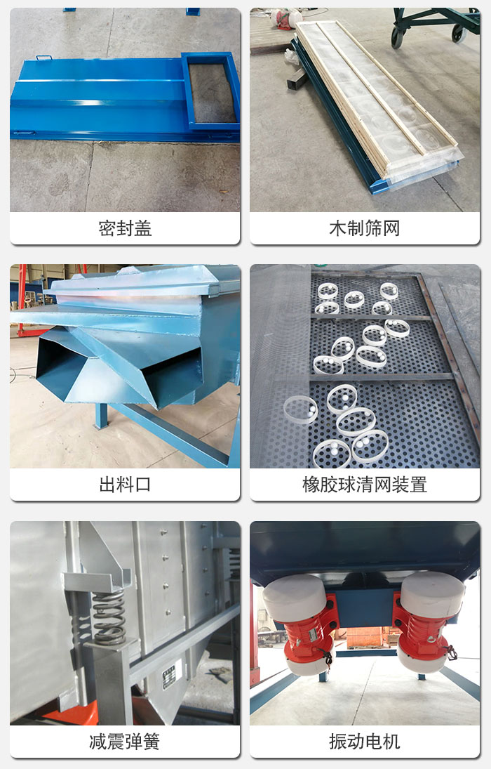 直線篩結(jié)構(gòu)展示:篩網(wǎng),篩箱,振動(dòng)電機(jī),振動(dòng)電機(jī)座,減震彈簧,支架等部件展示圖