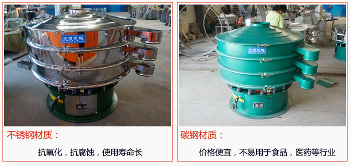 800型振動篩有不銹鋼和碳鋼兩種材質(zhì)，不銹鋼材質(zhì)：抗氧化，抗腐蝕，使用壽命長 碳鋼材質(zhì)：價格便宜，不易篩分食品，化工，醫(yī)藥等行業(yè)的物料。