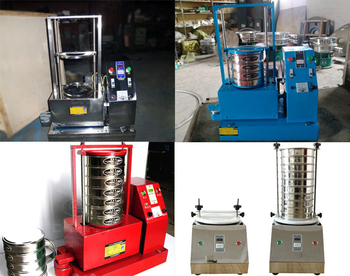 三種不同類型的試驗(yàn)篩，區(qū)別控制臺(tái)在下部或在右側(cè)。材質(zhì)為不銹鋼和碳鋼兩種，碳鋼材質(zhì)做了噴漆有：紅色和藍(lán)色兩種。