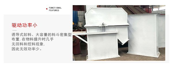TD型斗式提升機驅動力小，無回料等特點展示圖。